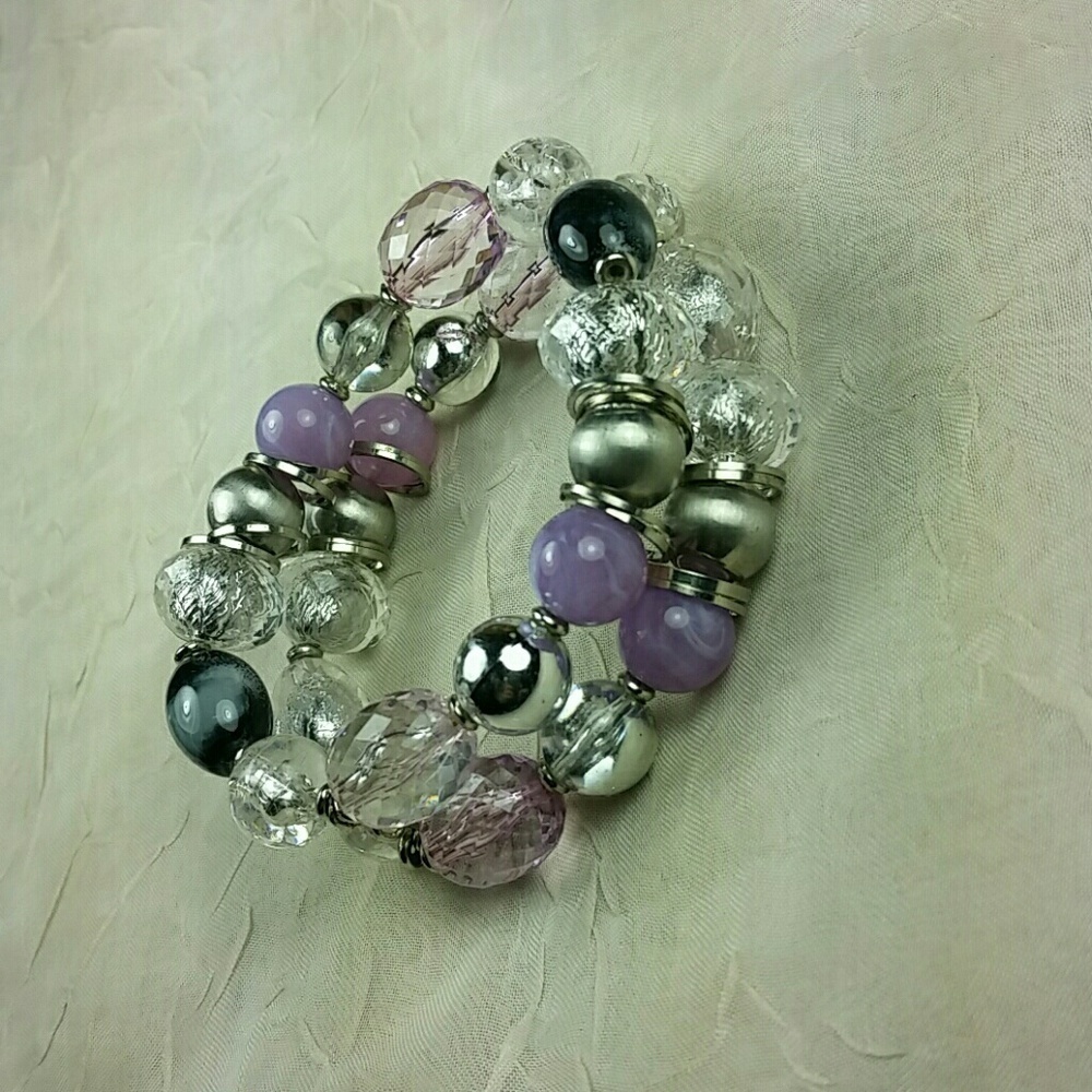 Double Strand Stretch Bracelet Pastel Pink Purple Silver Glass Beads Chunky Glam